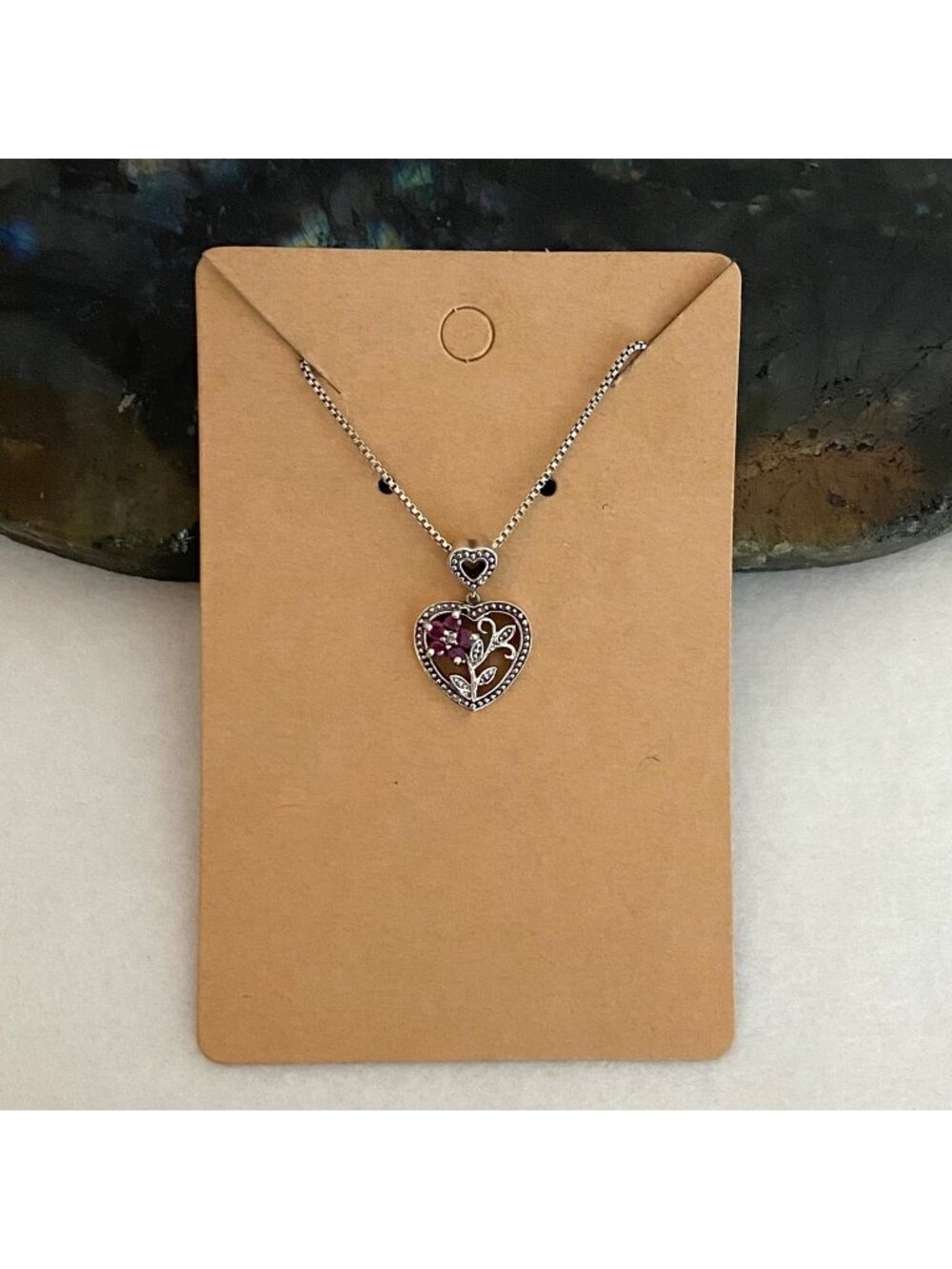 Sterling Silver 925 Petite Dainty Ruby Flower Double Heart Pendant Necklace 16"